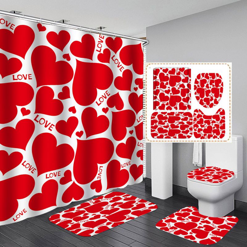 4 Pcs Bathroom Shower Curtain Set,Waterproof Red Rose Valentine's Day Shower Curtain Sets with Rugs(Bath Mat, Pedestal Rug and Toilet Lid Cover Mat)