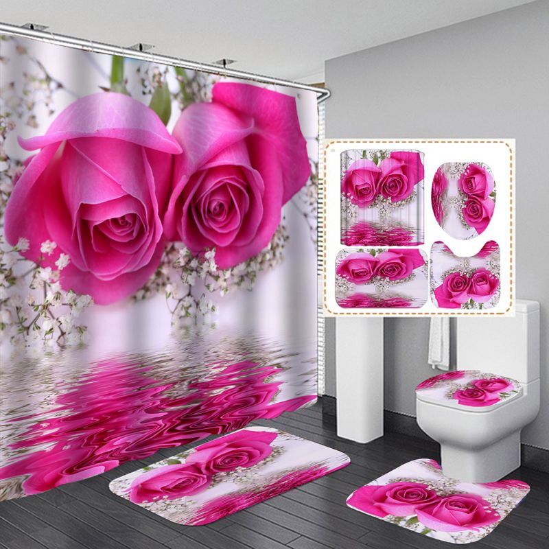 4 Pcs Bathroom Shower Curtain Set,Waterproof Red Rose Valentine's Day Shower Curtain Sets with Rugs(Bath Mat, Pedestal Rug and Toilet Lid Cover Mat)